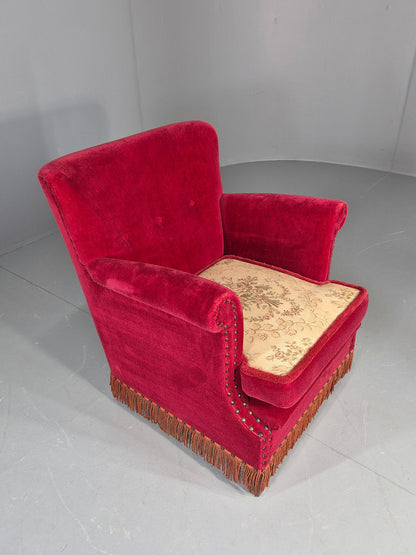 Vintage Wingback Lounge Chair Red Velour Cream Cushion Danish 1960s EB12762