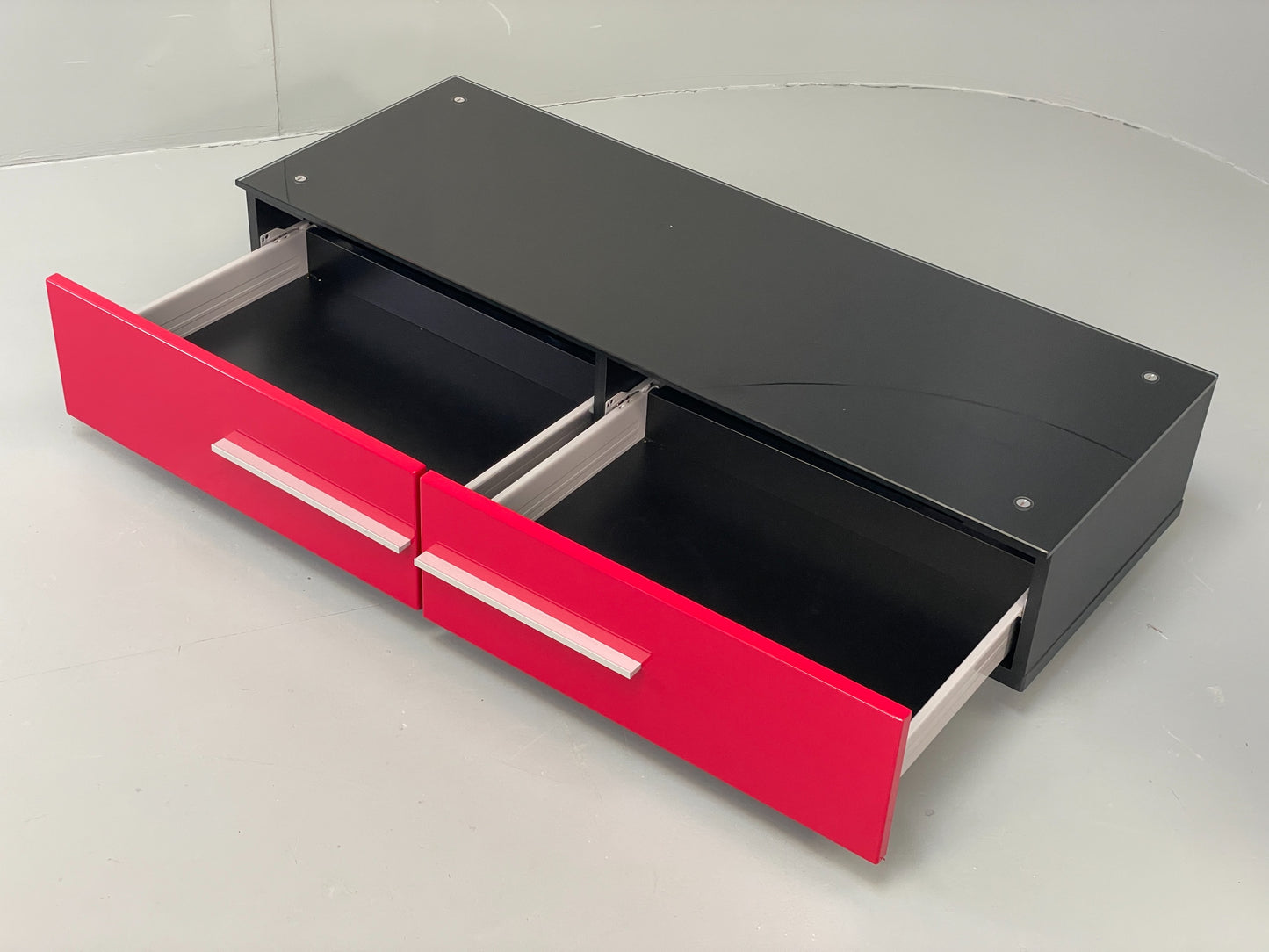 Modern Low TV Unit Glass Top Red Black Aluminium Handles Drawers EB12878