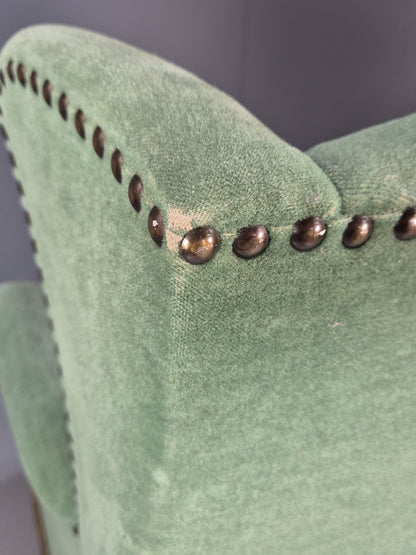 Vintage Danish Wingback Lounge Chair Green and Cream Floral Tassels EB9610 VCLO