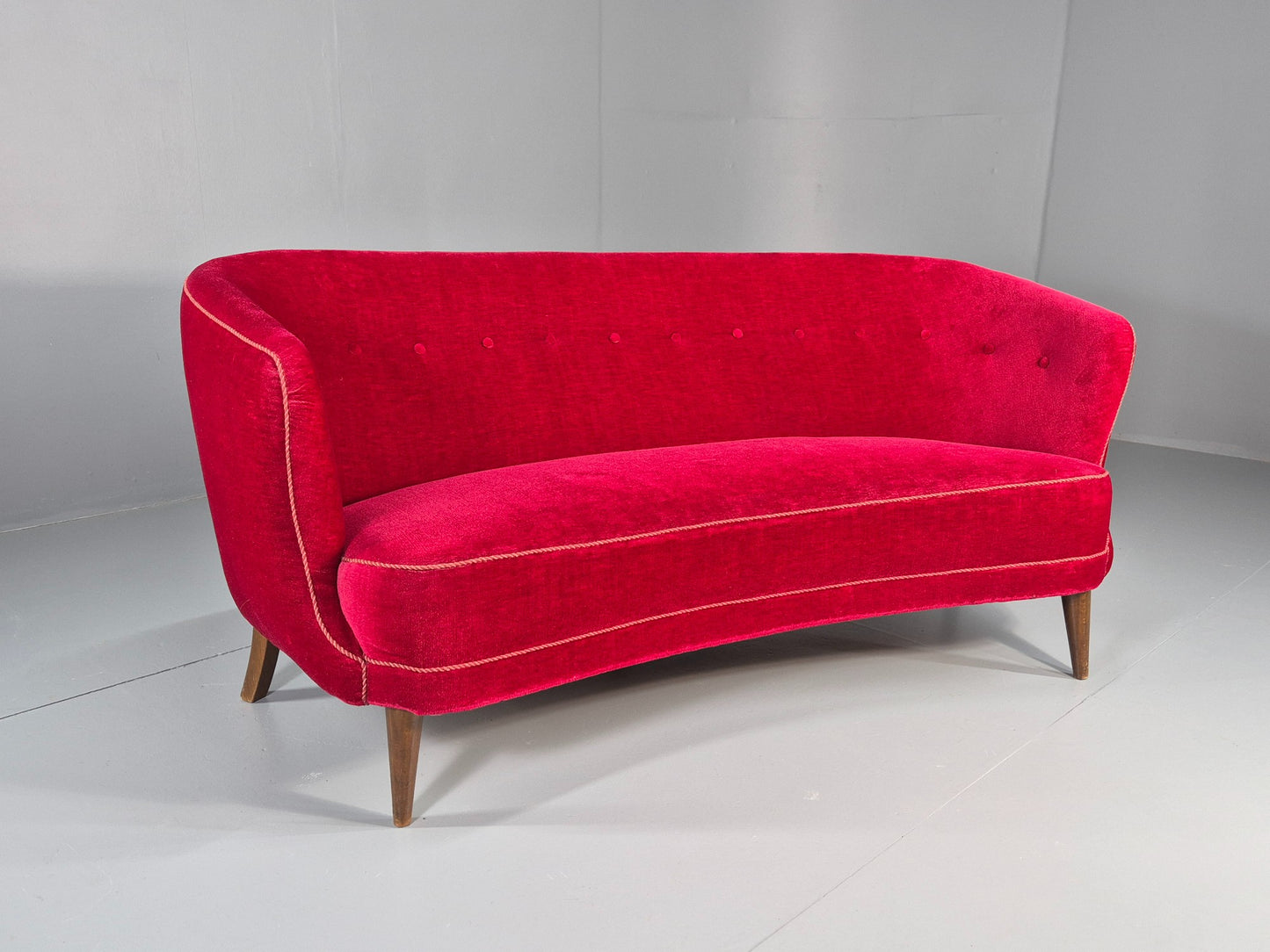 Vintage Danish Banana Sofa 3 Seater Red Velvet Velour 1950s Classic MCM EB12399