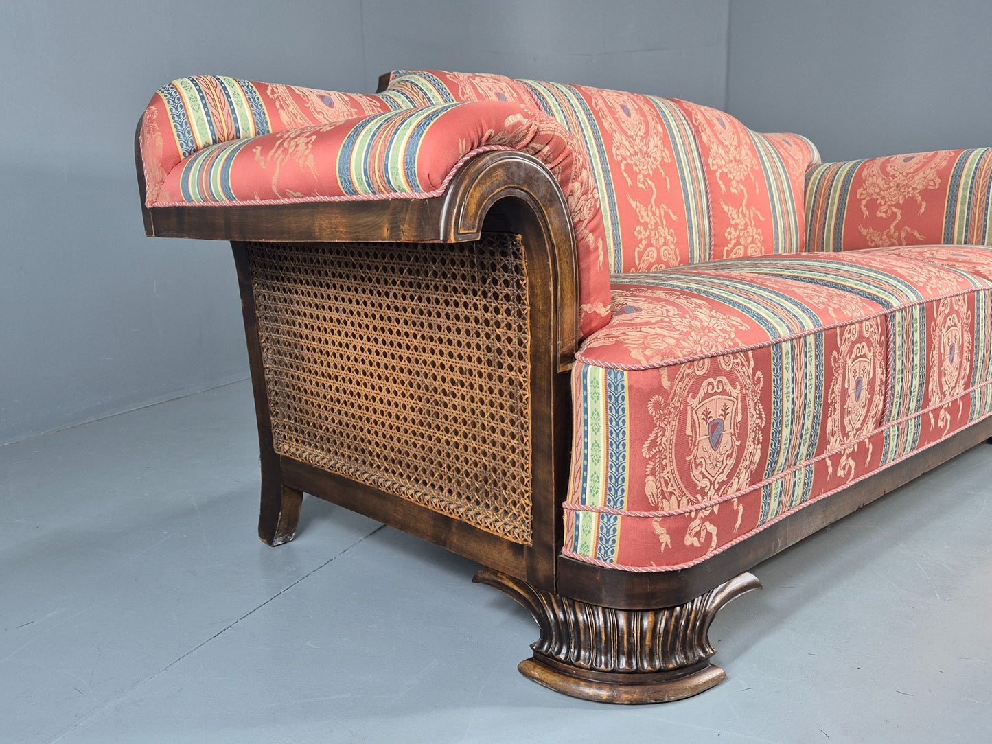 Vintage 3 Seater Sofa Art Deco Bergere Walnut Frame Cotton Colourful EB12734