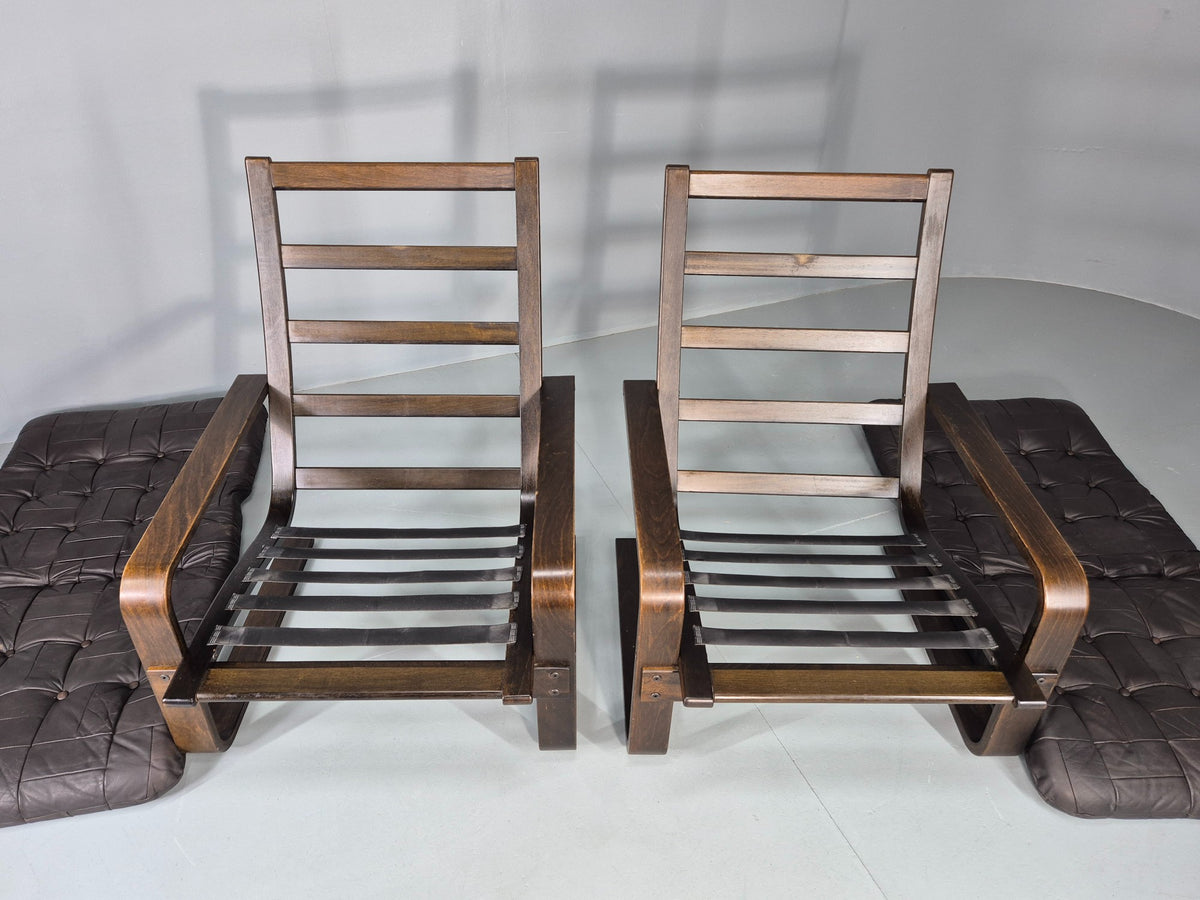2 Vintage Leather Lounge Chairs 1970s Danish Bentwood MCM Retro  EB13080