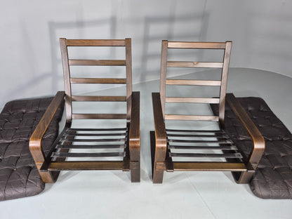 2 Vintage Leather Lounge Chairs 1970s Danish Bentwood MCM Retro  EB13080