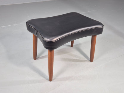 Vintage Danish Mid Century Footstool Black Vinyl Teak Legs 1960s Retro EB12098