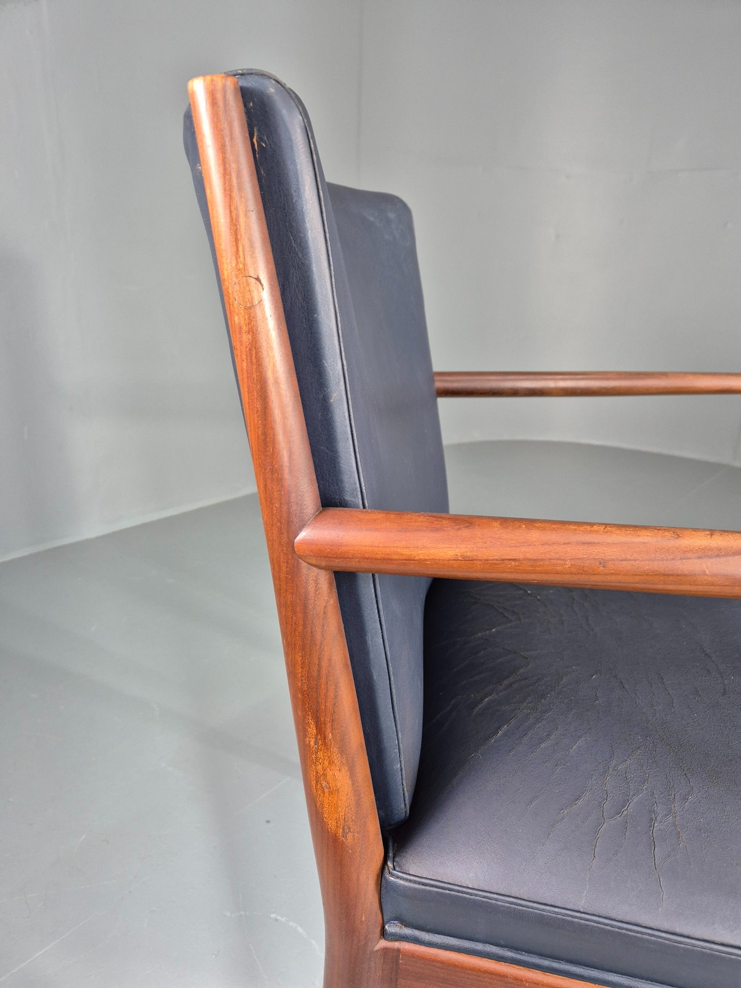 Vintage Mid Century Teak Armchair Blue Leather 1960s Retro EB11904