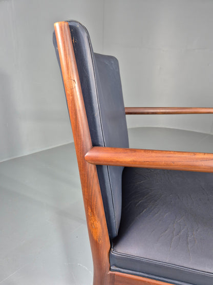 Vintage Mid Century Teak Armchair Blue Leather 1960s Retro EB11904