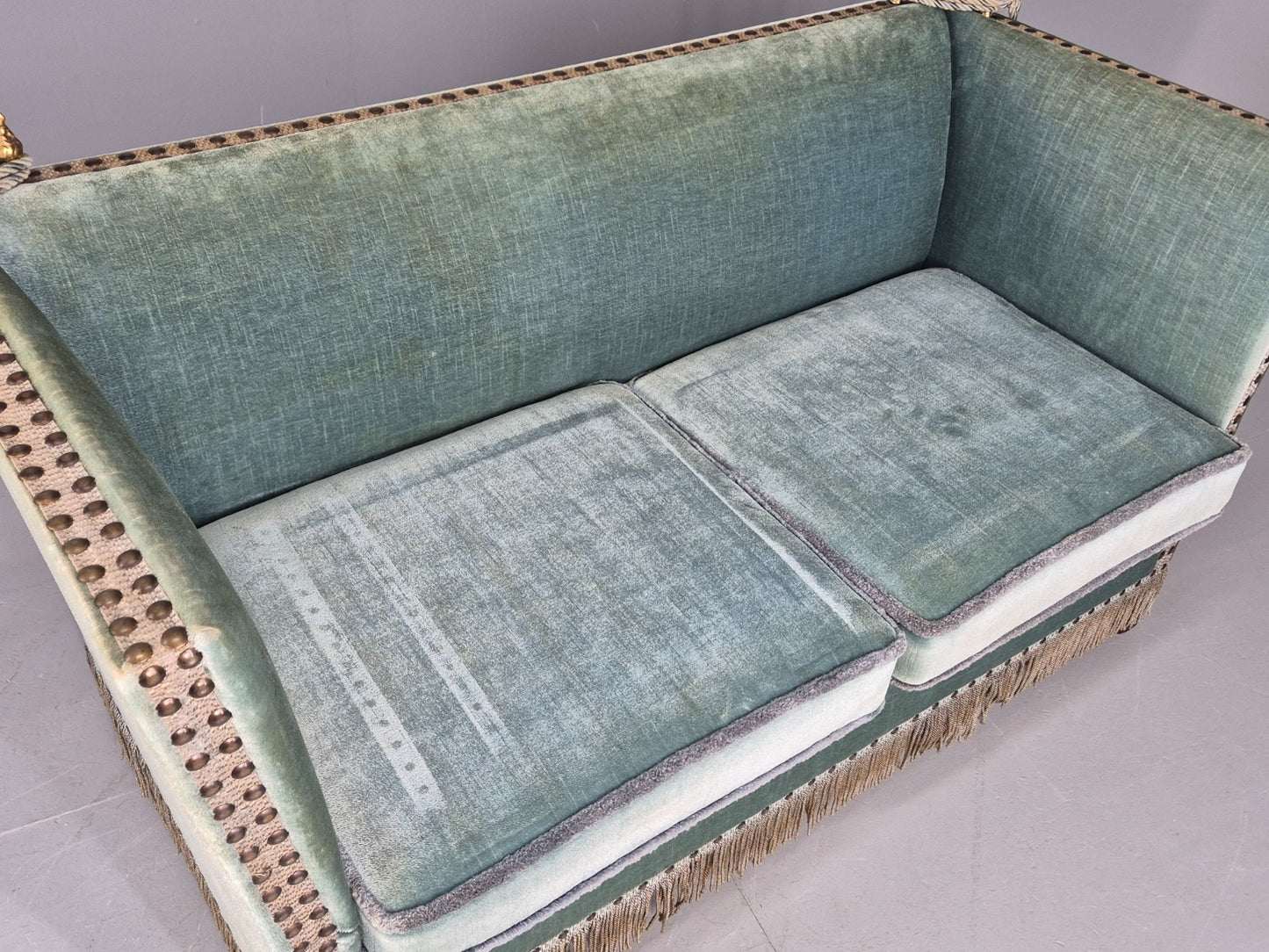 Vintage Danish Knole Sofa 2 Seater Blue Velour Floral Cream Cushions EB12748