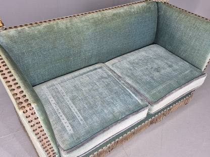 Vintage Danish Knole Sofa 2 Seater Blue Velour Floral Cream Cushions EB12748