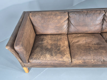 Vintage Danish 3 Seater Sofa 1970s Brown Leather Patinated Retro MCM EB12412