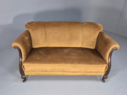 Antique 1920s Danish Sofa Mustard Velour Cabriole Legs EB09017