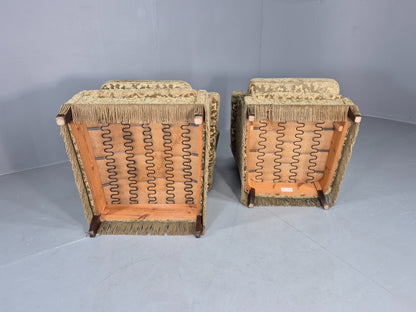 2 Vintage Danish Armchairs Green Floral Moquette Tassels 1960s Cottage EB12689