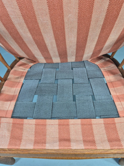 Vintage Danish Oak Lounge Chair 1950s Cottage Style Pink Striped Cotton EB12708