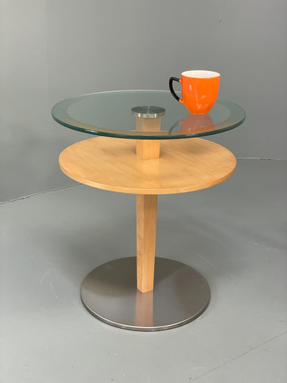 Danish Circular Side Tables Glass & Beech Pedestal Contemporary EB12400