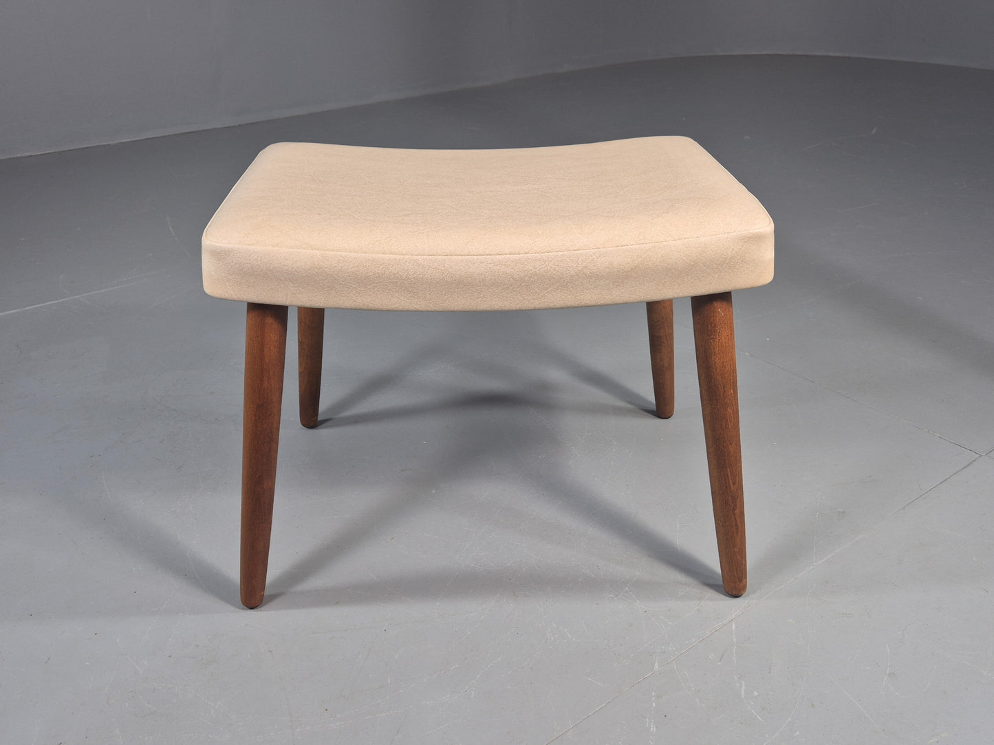 Vintage Mid Century Footstool Danish Cream Vinyl Beech Legs 1960s Retro 12052