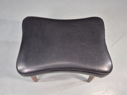 Vintage Danish Mid Century Footstool Black Vinyl Teak Legs 1960s Retro EB12153