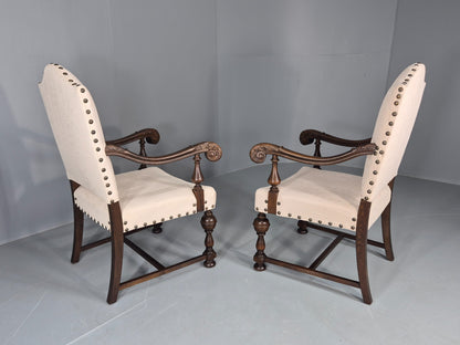 2 Vintage Carolean Style Oak Armchairs 1950s Danish Repro Quality Eb12641