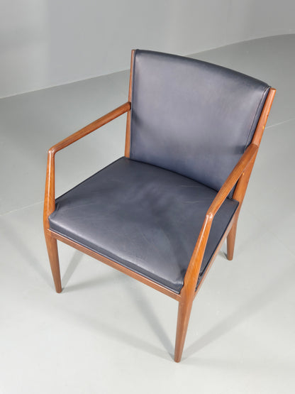 Vintage Mid Century Teak Armchair Blue Leather 1960s Retro  EB11896