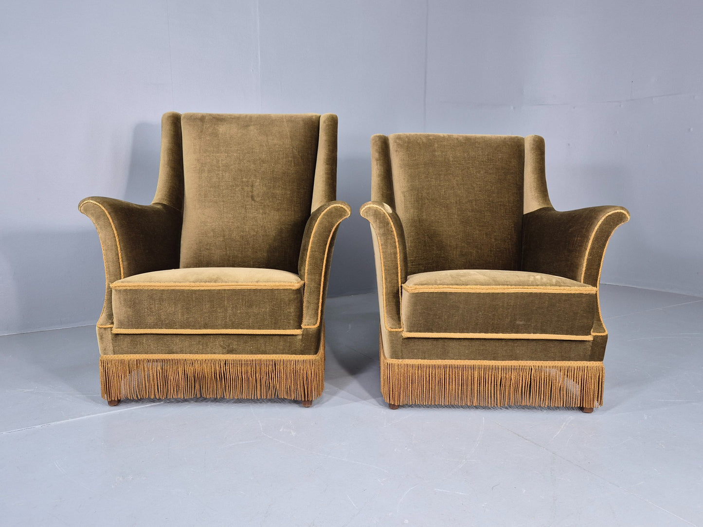 2 Midcentury Danish Lounge Chairs Green Velour Velvet Tassels 1960s EB12646