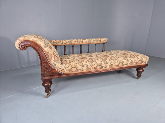 Vintage Edwardian Chaise Lounge Mahogany Frame Floral Jaquard Cloth EB12919