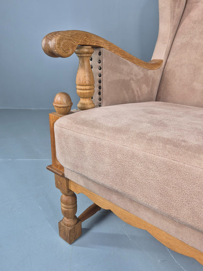 Vintage Wing Back Lounge Chair 1970s Danish Faux Suede on Oak Frame EB12774