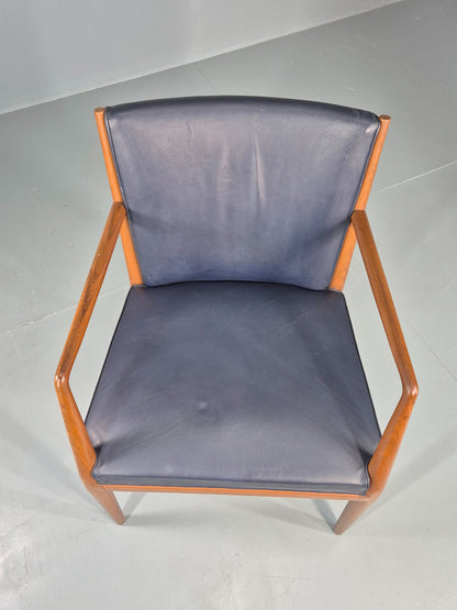 Vintage Mid Century Teak Armchair Blue Leather 1960s Retro  EB11900