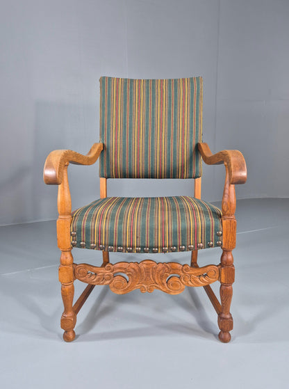 Vintage Danish Baroque Style Arm Chair Oak and Striped Wool 1960s  EB12460