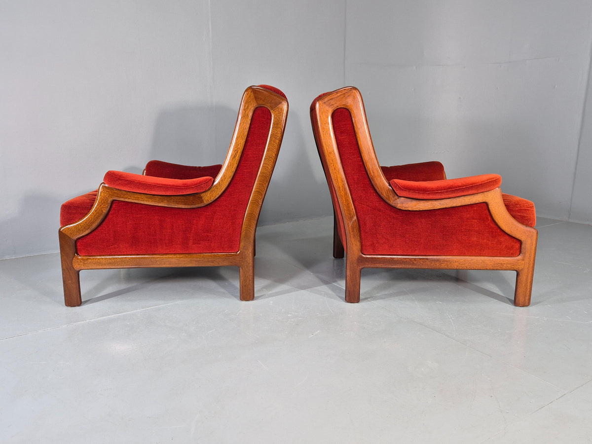 2 Vintage Guy Rogers Lounge Chairs 1970s Mahogany Frame Retro MCM Eb13056