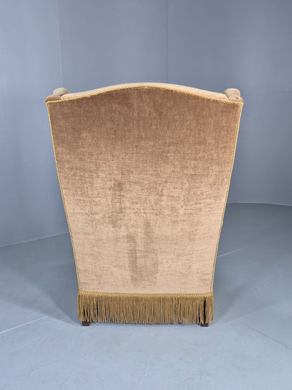 Vintage Wingback Lounge Chair Danish 20th Century Green Velvet Velour EB12706