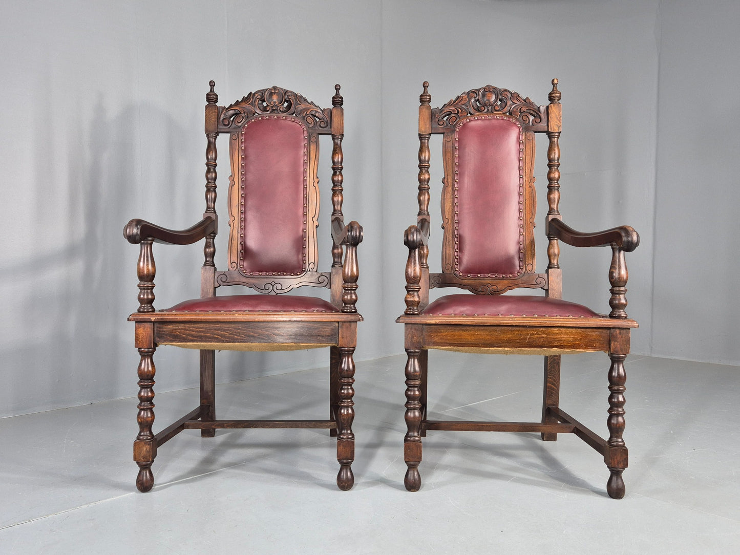 2 Antique Baroque Revival Oak Throne Chairs Late 19th Century EB12259