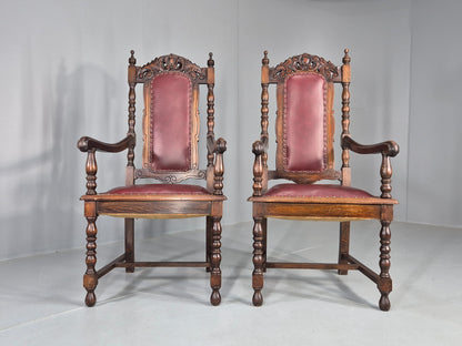 2 Antique Baroque Revival Oak Throne Chairs Late 19th Century EB12259