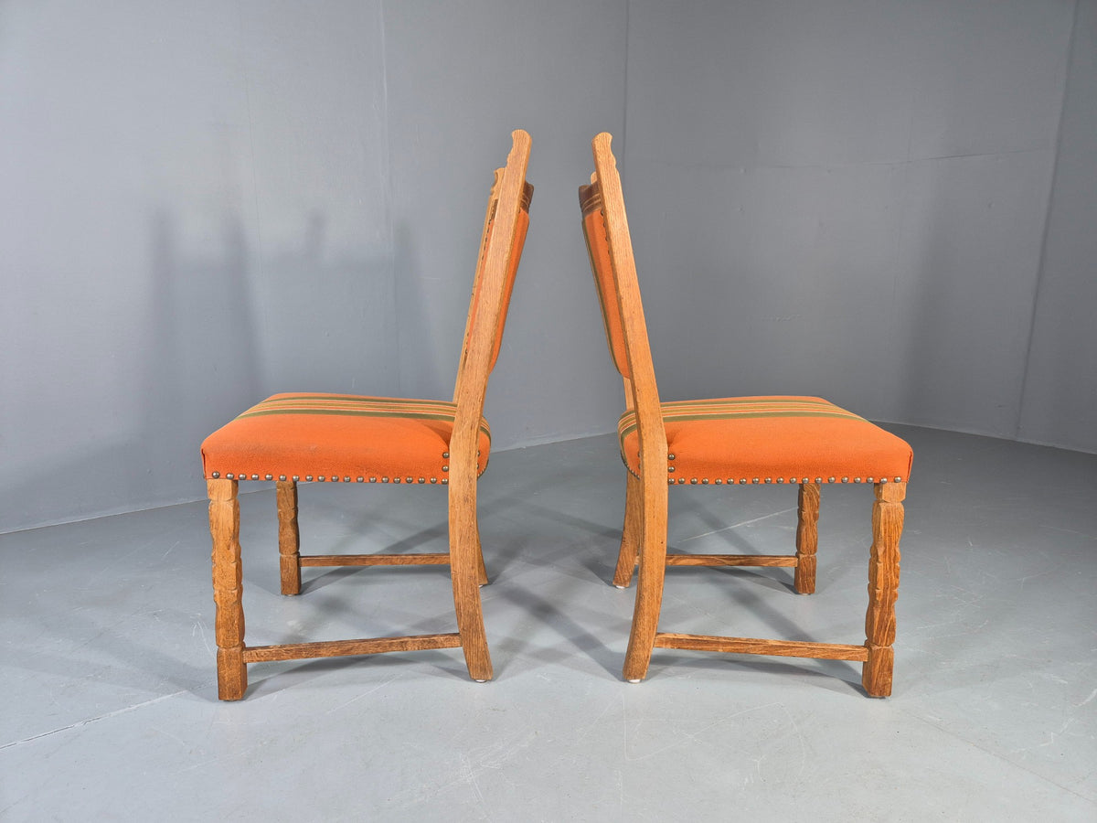 2 Vintage Dining Chairs 1970s Danish Kjaernulf Style Orange Wool Striped EB13075