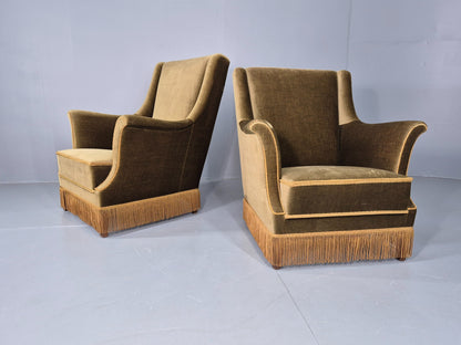 2 Midcentury Danish Lounge Chairs Green Velour Velvet Tassels 1960s EB12646