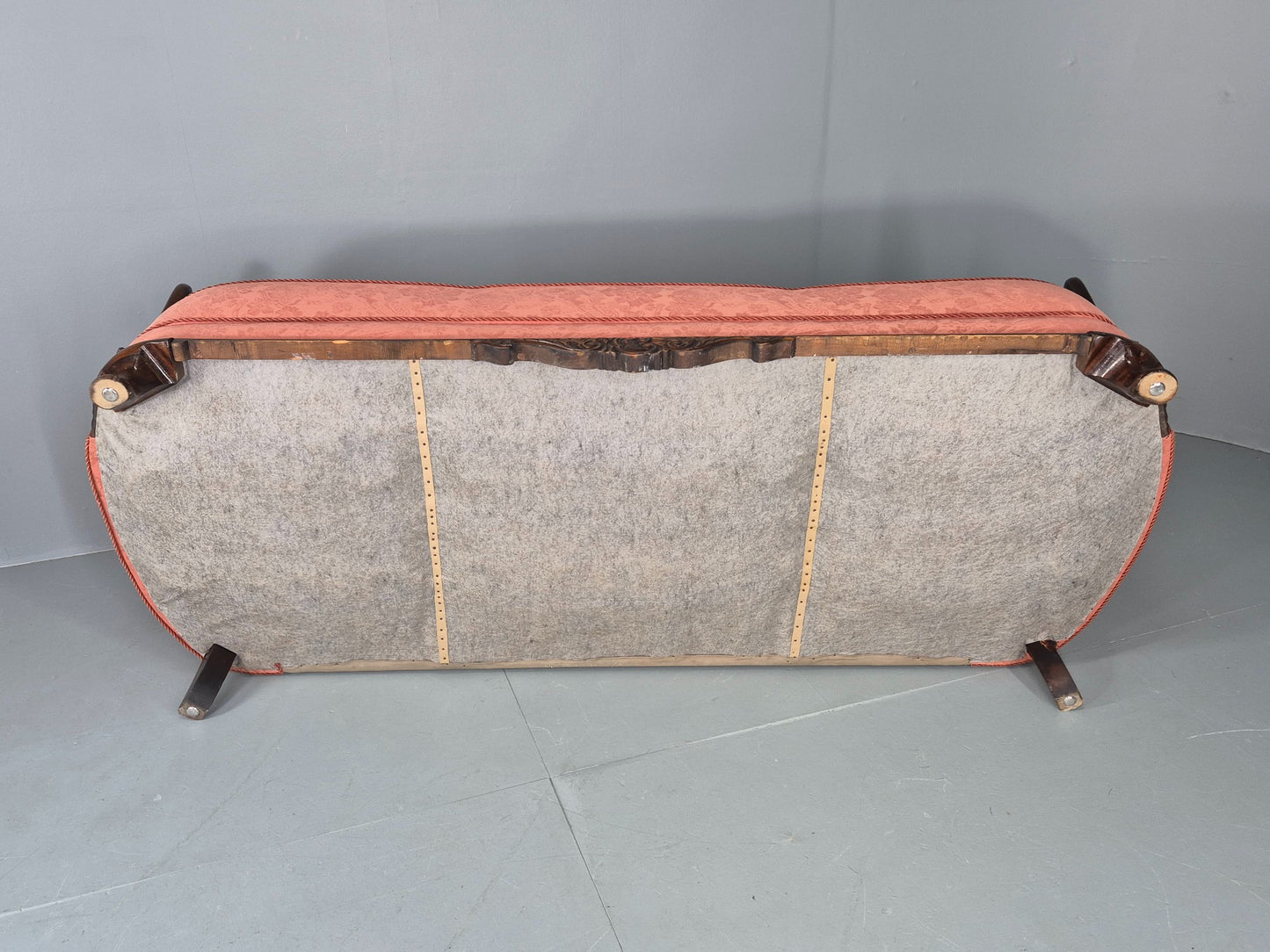 Vintage Danish Art Deco 3 Seater Sofa Carved Hardwood Frame Pink Damask EB12742