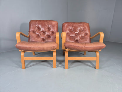 2 Vintage Swedese Leather Bentwood Lounge Chairs Design Yngve Ekstrom  EB13089