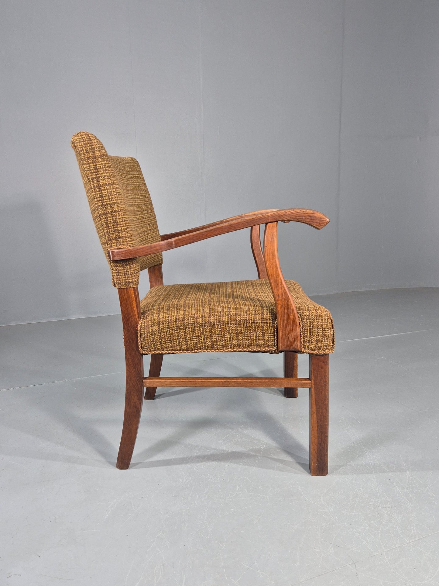Vintage Elbow Chair 1950s Danish Oak Frame Green Wool Upholstery EB12004