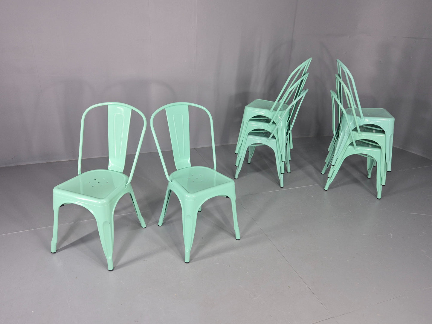 8 Mint Green Tolix Stlye Stacking Chair VG Condition Vintage Industrial EB12578