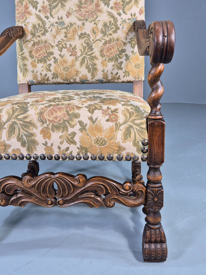 Vintage Baroque Style Armchair Carved Oak Frame 1950s Danish Antique EB12700