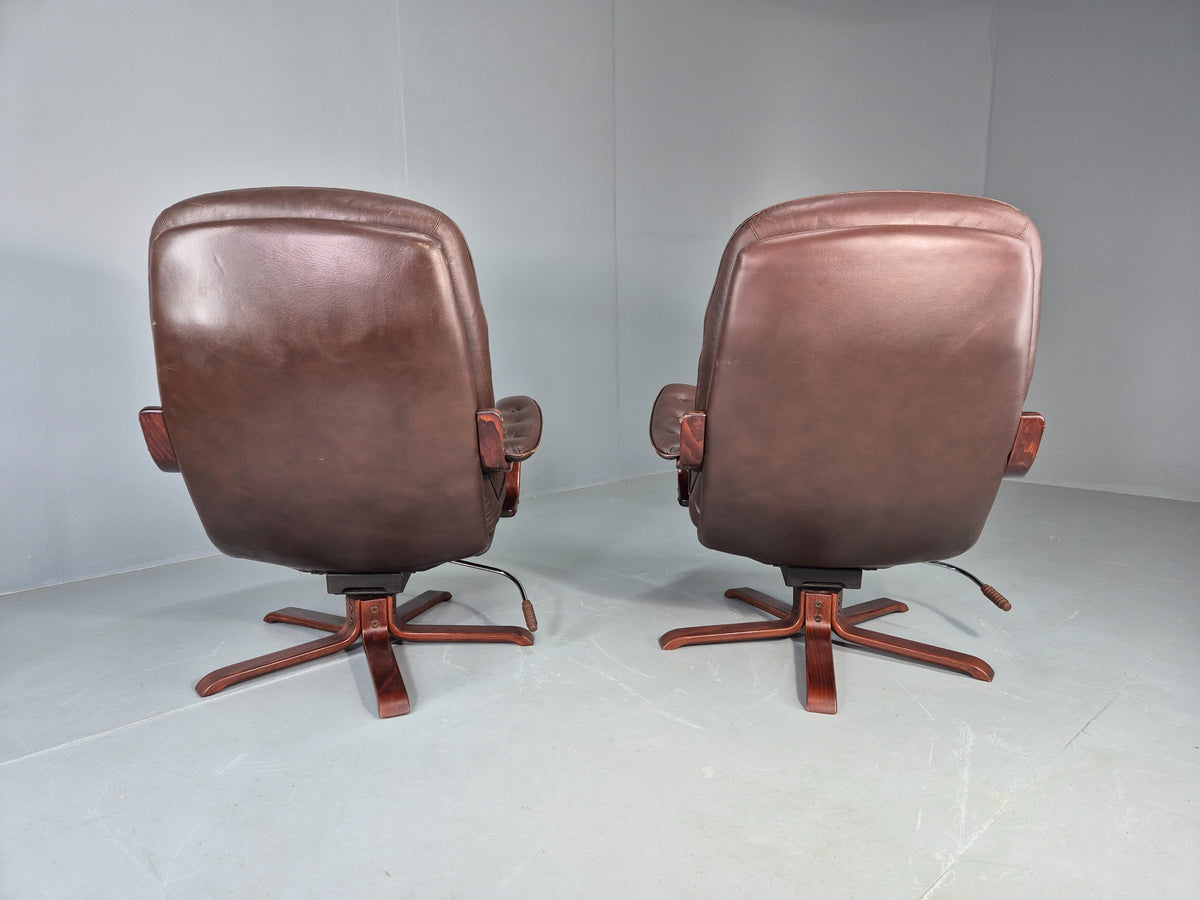 2 Vintage Danish Lounge Chairs Swivel Recline Leather Mid Century Retro EB13093