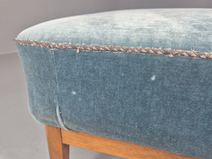 Vintage Danish Mid Century Footstool Blue Velour Upholstery 1950s Retro EB12053