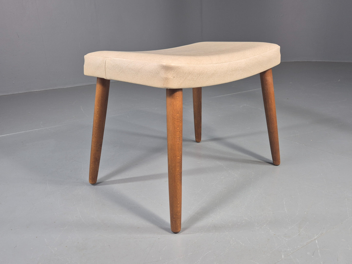 Vintage Mid Century Footstool Danish Cream Vinyl Beech Legs 1960s Retro 12052