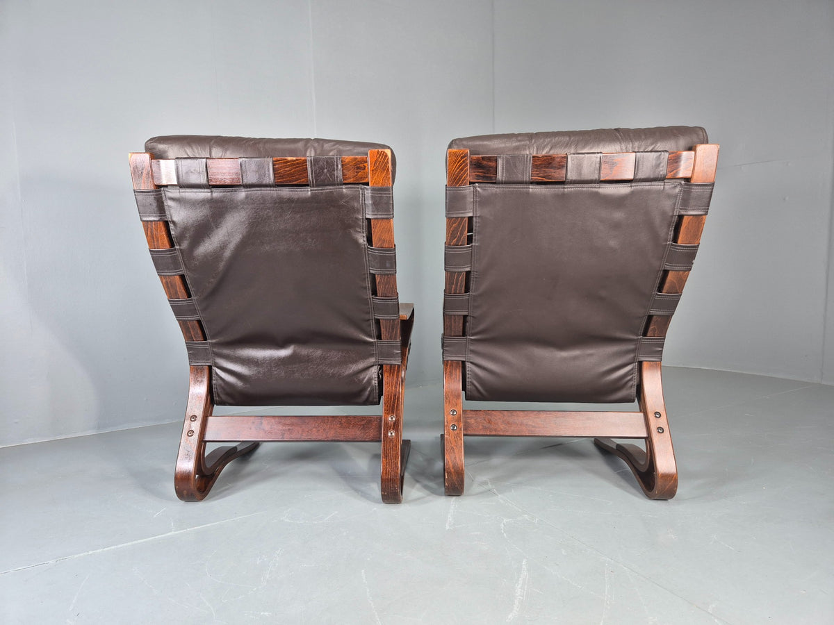 2 Vintage Skyline Leather Lounge Chairs High Back Bentwood Frame Retro EB13085