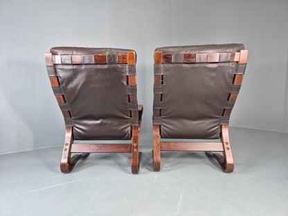 2 Vintage Skyline Leather Lounge Chairs High Back Bentwood Frame Retro EB13085