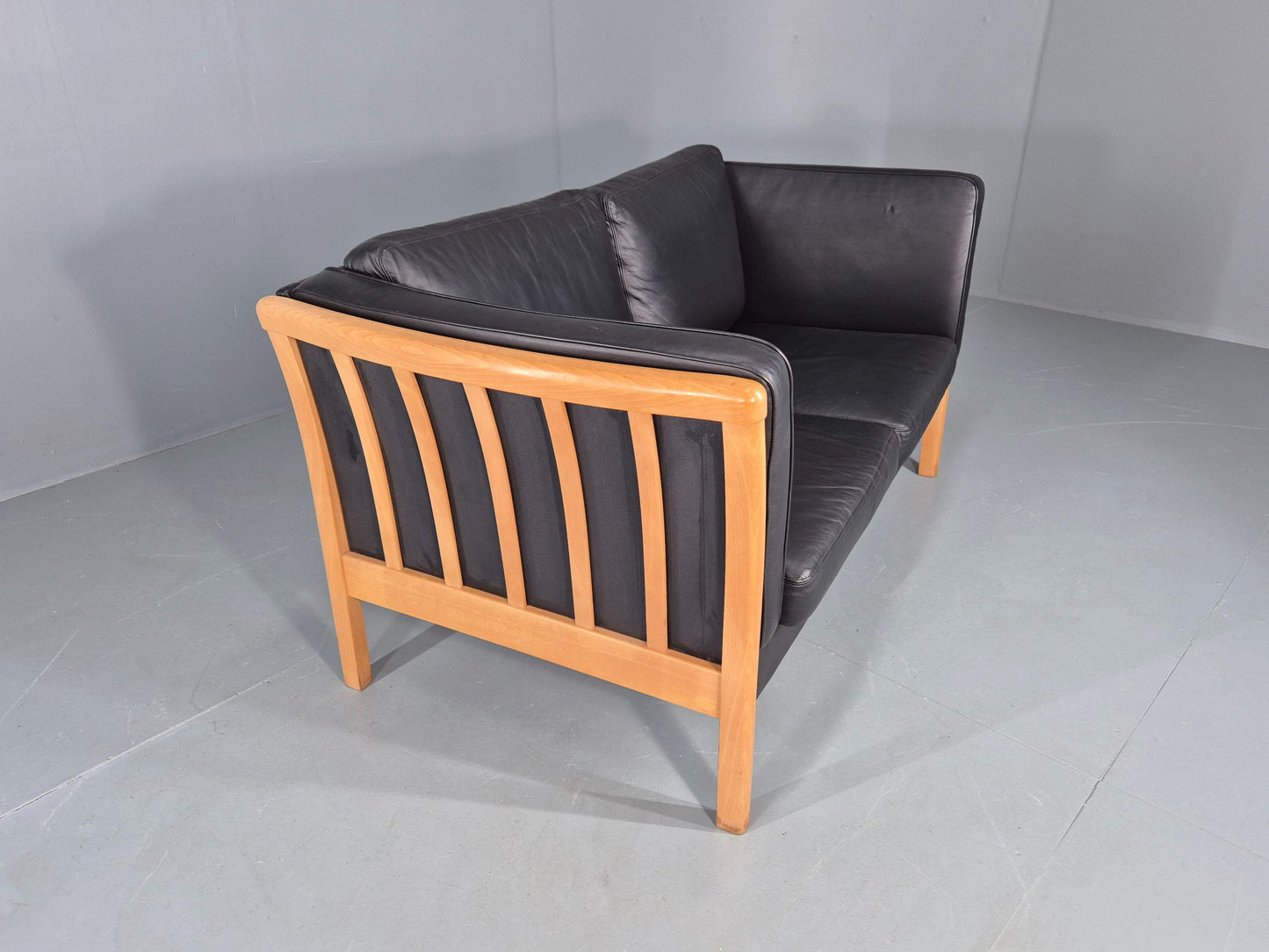 Vintage Stouby 2 Seater Sofa Beech Ends Black Leather 1990s Retro EB12421