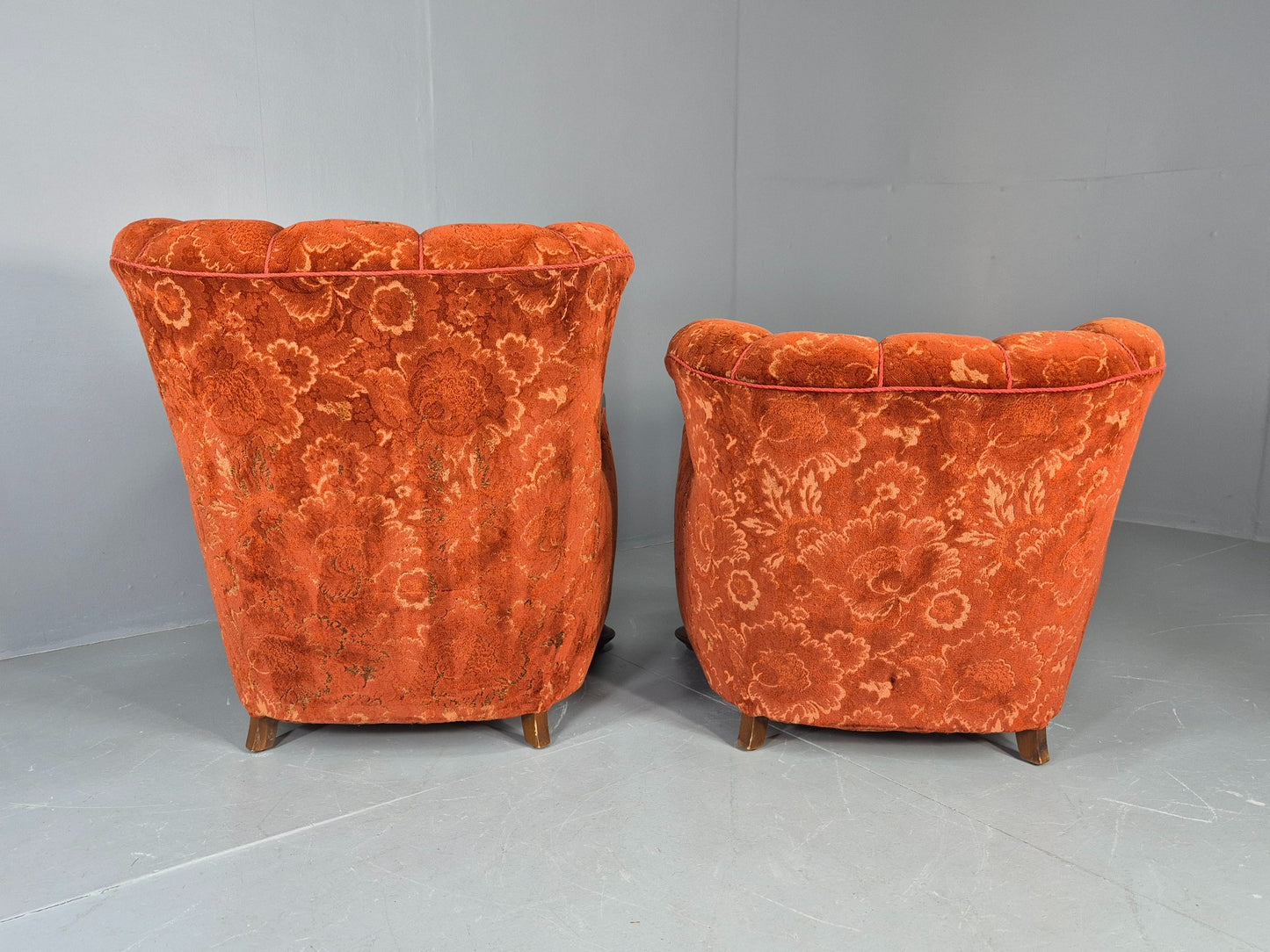 2 Vintage Danish 40s Lounge Chairs Carved Frame Cut Moquette Upholstery EB12906