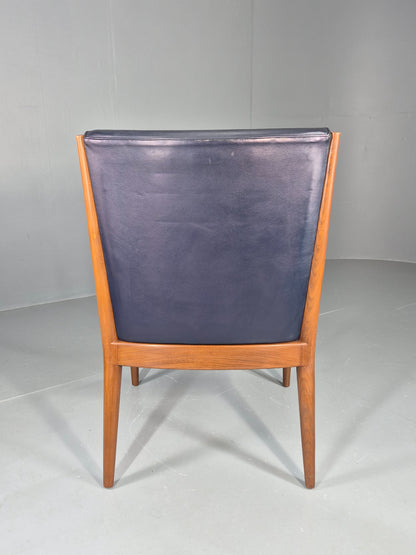 Vintage Mid Century Teak Armchair Blue Leather 1960s Retro  EB11896
