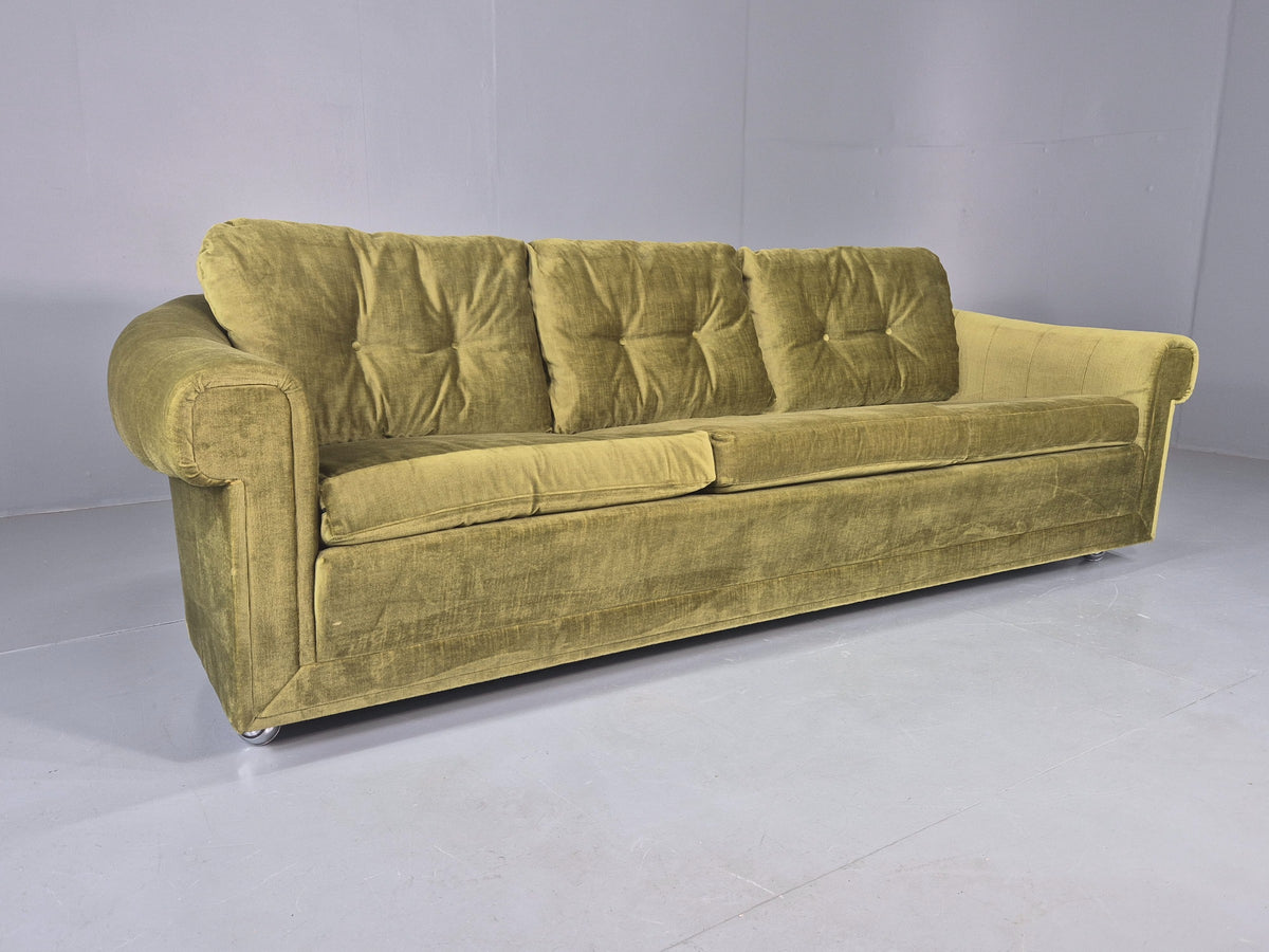 Vintage 3 Seater Sofa 1970s Danish Roll top back Green Velour MCM Retro EB12722