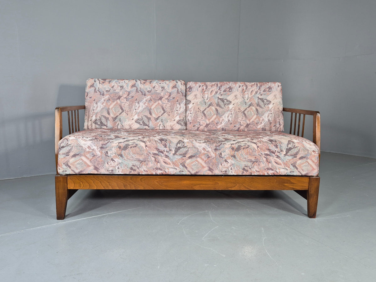Vintage Danish Two Seat Sofa Bed Beech Frame 1950s Floral Cotton Retro EB12783