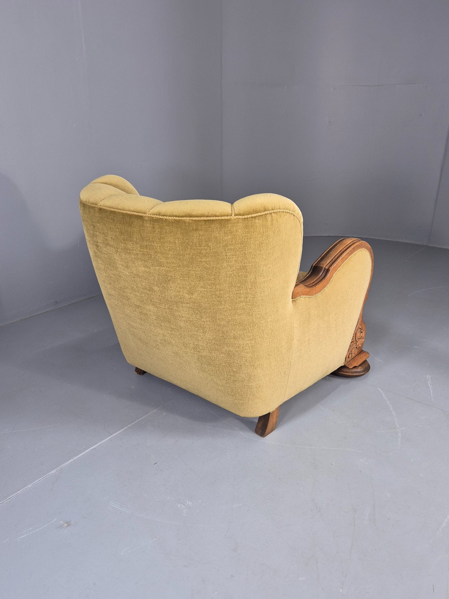 Vintage Danish Art Deco Lounge Chair Carved Oak Frame 1940s Green Floral EB12839