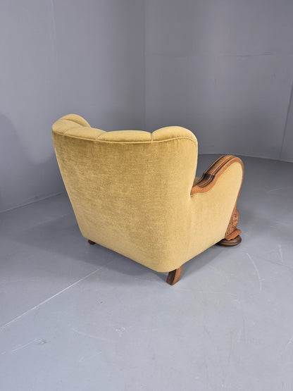 Vintage Danish Art Deco Lounge Chair Carved Oak Frame 1940s Green Floral EB12839
