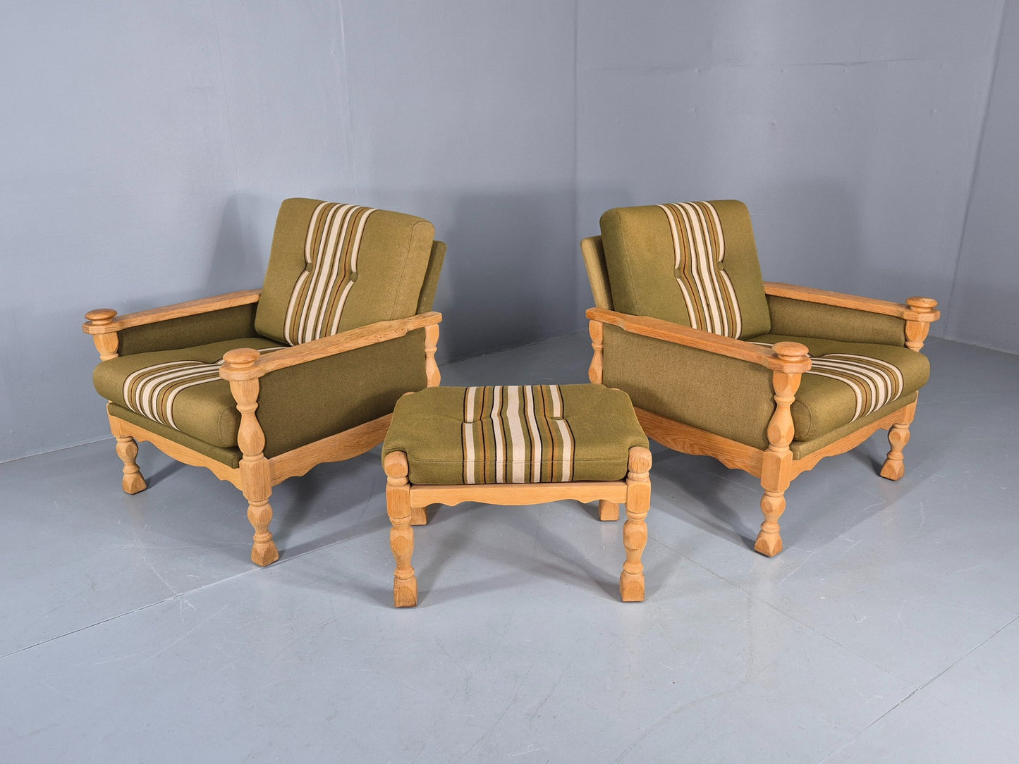 2 vintage Kjaernulf Armchairs with footstool Oak and Green Retro 1970s EB12778
